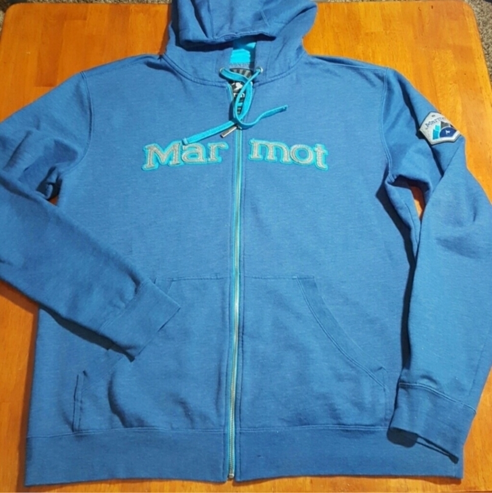 Marmot Blue Logo Full Zip-Up Hoodie Hooded Sweatshirt Men's Large L Gorpcore EUC